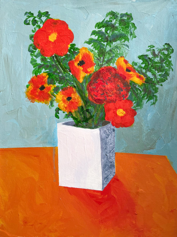 Californian Poppies, Dahlias and a Rose with Fern Fronds by Stephanie Fuller