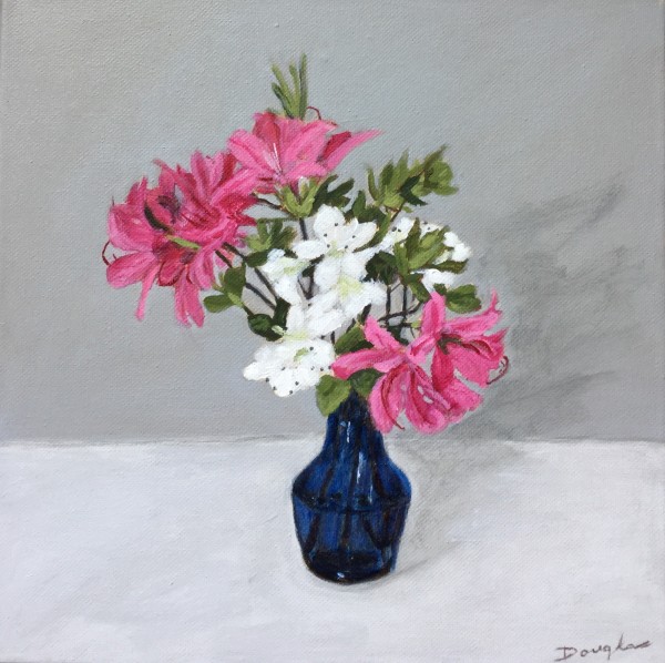 Azaleas in blue vase by Louise Douglas
