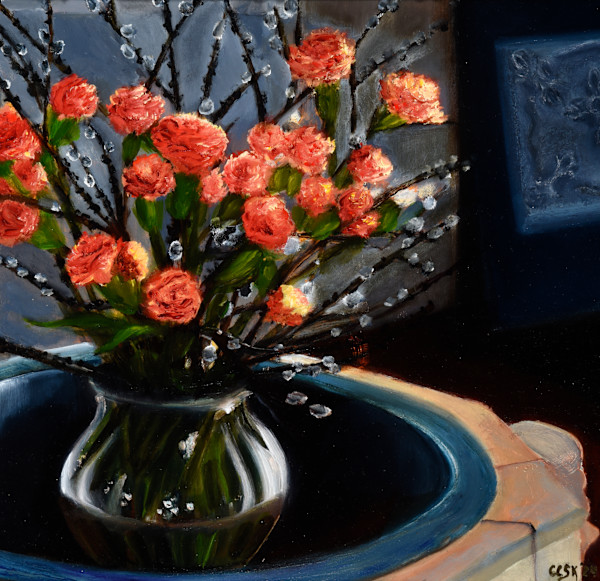 Carnations in Baptismal Basin by Carolyn Kleinberger