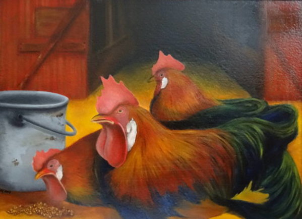 Roosters in Three Moods by Carolyn Kleinberger 