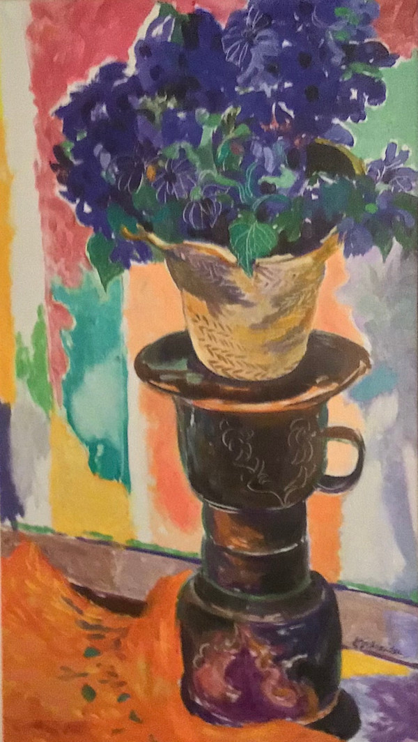 Blue Flowers and Tonkin Drum, Indonesia by Helen A Schreider