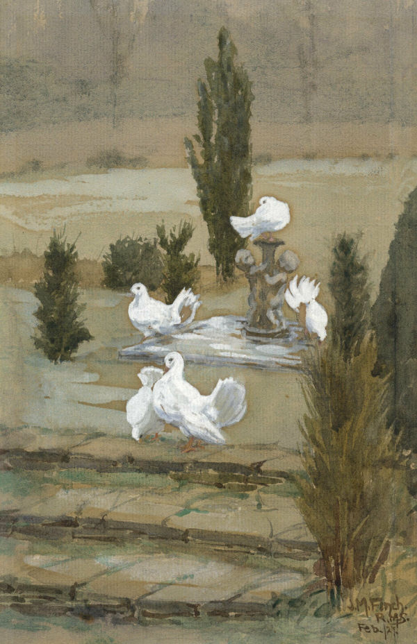 White Doves on Garden Terrace by Janet Mary Scott Finch