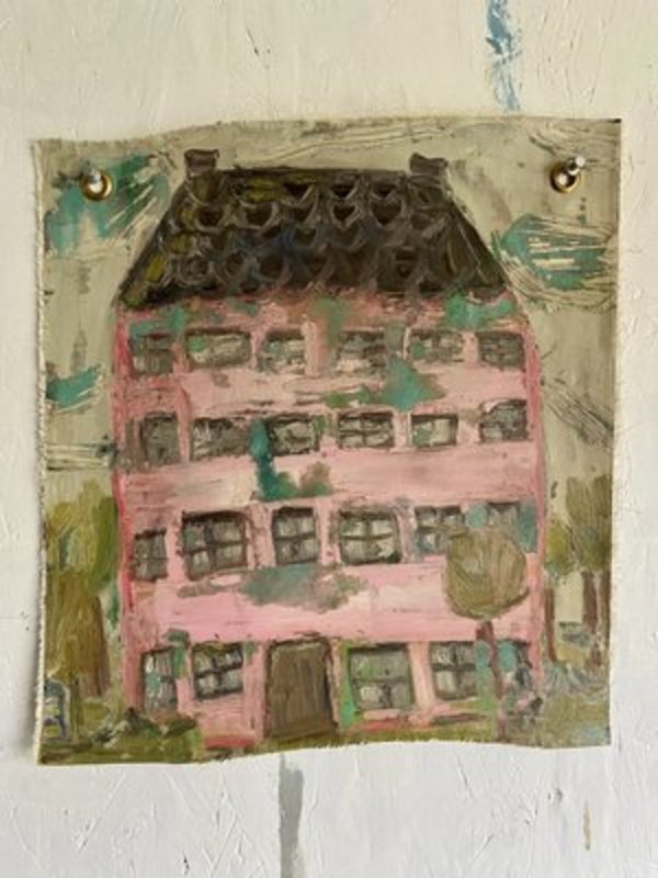 Pink Dollhouse Original flat lay oil painting by Emily Fox King