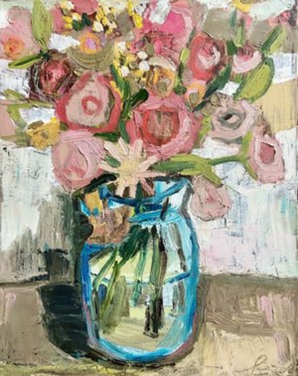 Roses Red Violets Blue Original Oil Painting by Emily Fox King