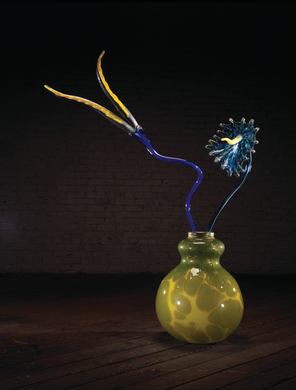 Mottled Citron Green Ikebana with Blue and Teal Flowers by Dale Chihuly
