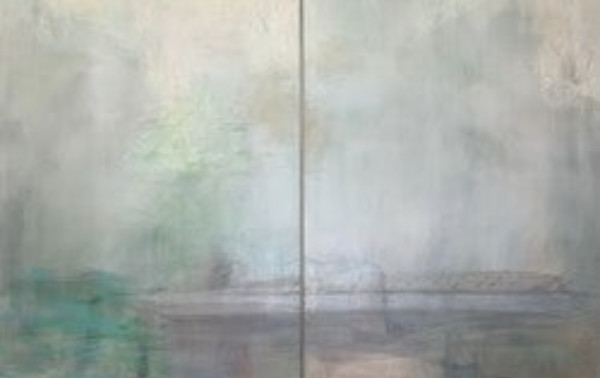 Synesthesia 9, train, bridge, neutral zen, 48 x 72 inches, diptych by Juanita