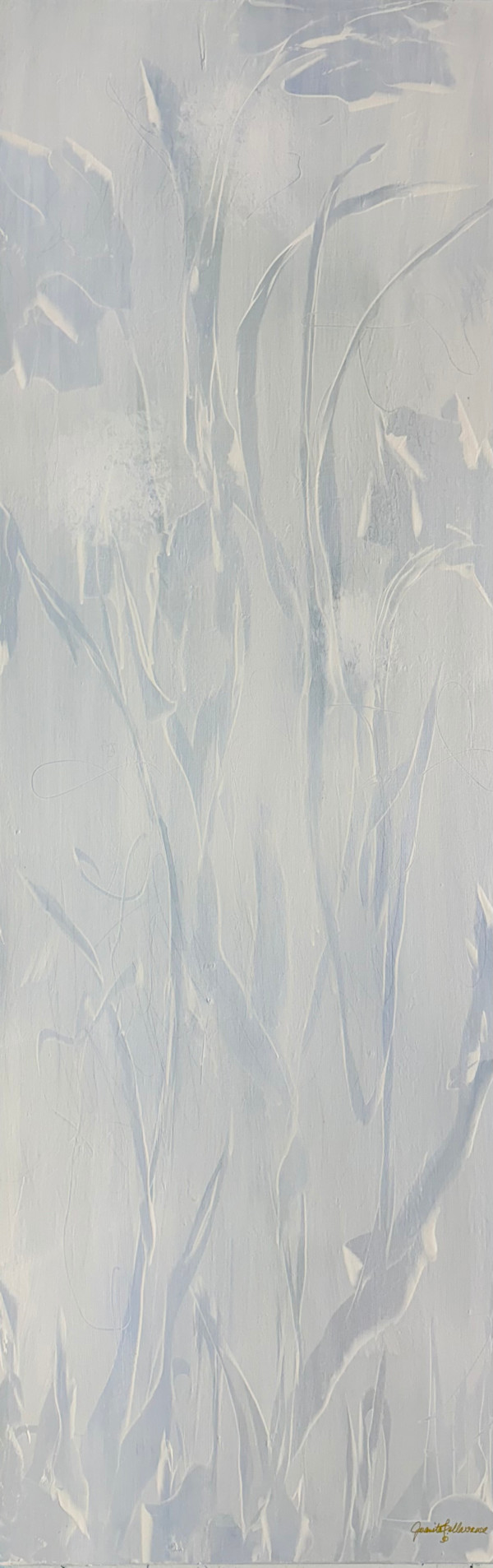 Held by Morning 3, abstract botanical painting, 60 x 20 inches by Juanita, Image 4.