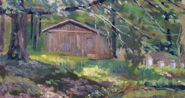 Barn in the Forest with sunlight by Matthew Lee