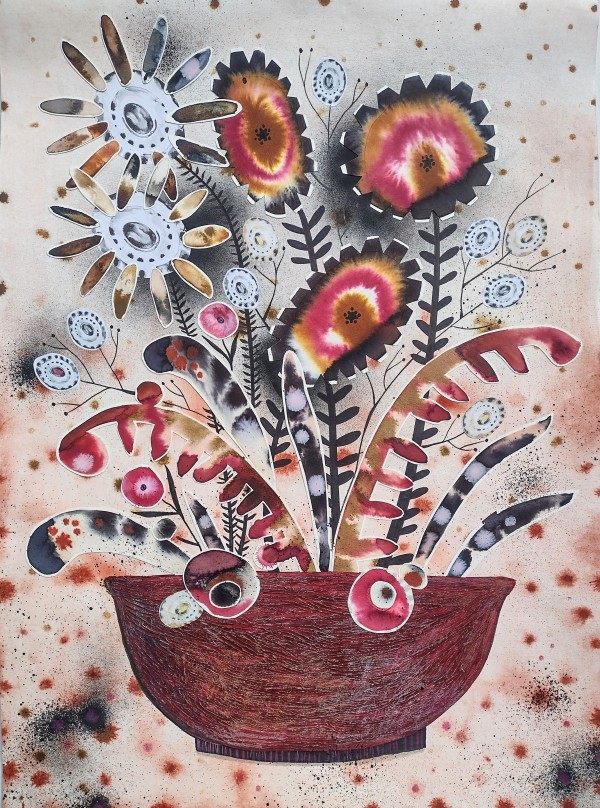 Flower arrangement in oxblood woodfired pottery bowl by Krisanne Souter