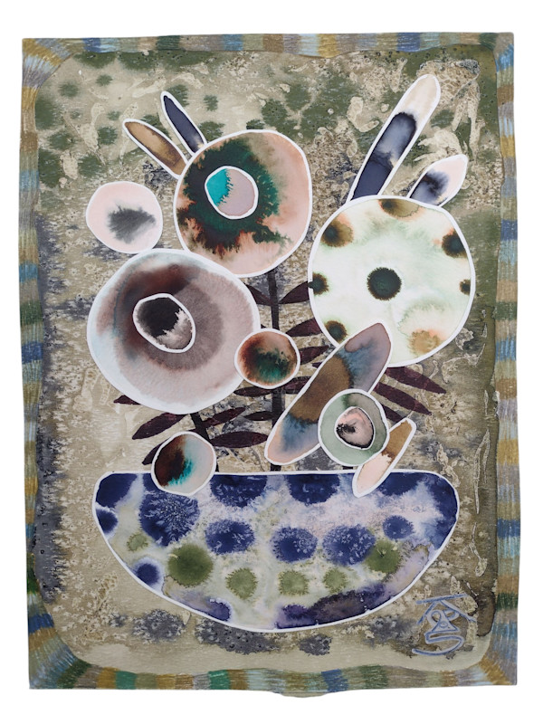 Flower Arrangement in Blue Speckled Bowl by Krisanne Souter