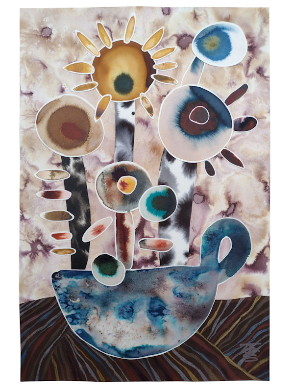 Flower Arrangement in Blue Salt-Stone Bowl with Handle by Krisanne Souter