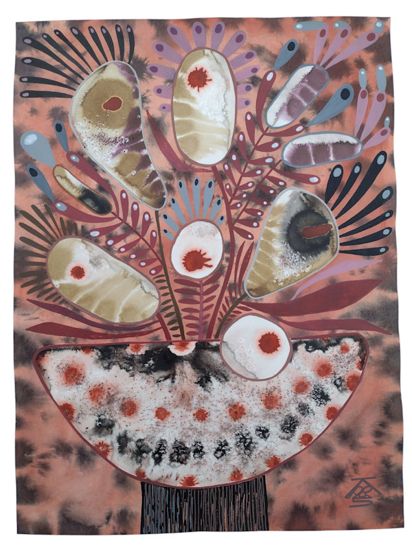 Sepia Amethyst Flower Arrangement in Pottery Chalice Bowl by Krisanne Souter