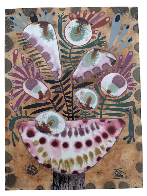 Amaranth and Jade Flower Arrangment in Pottery Chalice Bowl by Krisanne Souter