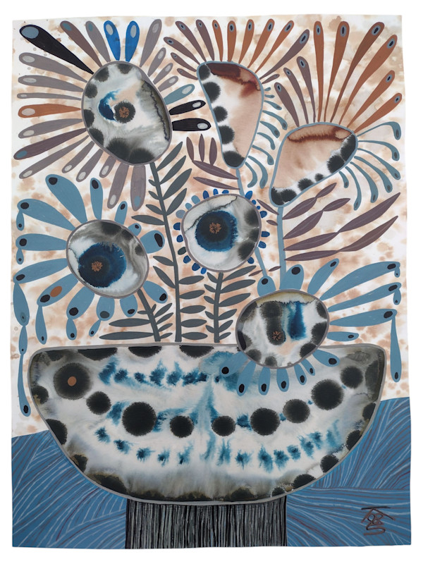 Flower Arrangement in Cobalt Pottery Chalice Bowl by Krisanne Souter