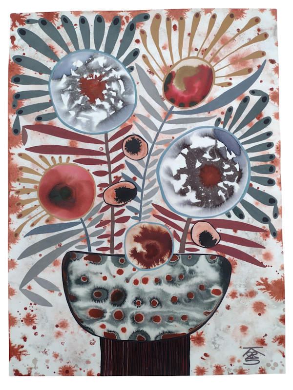 Flower Arrangment in Rust Spotted Chalice Bowl by Krisanne Souter