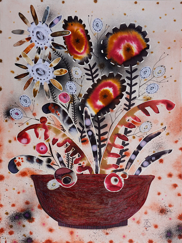 Flower arrangement in oxblood woodfired pottery bowl by Krisanne Souter