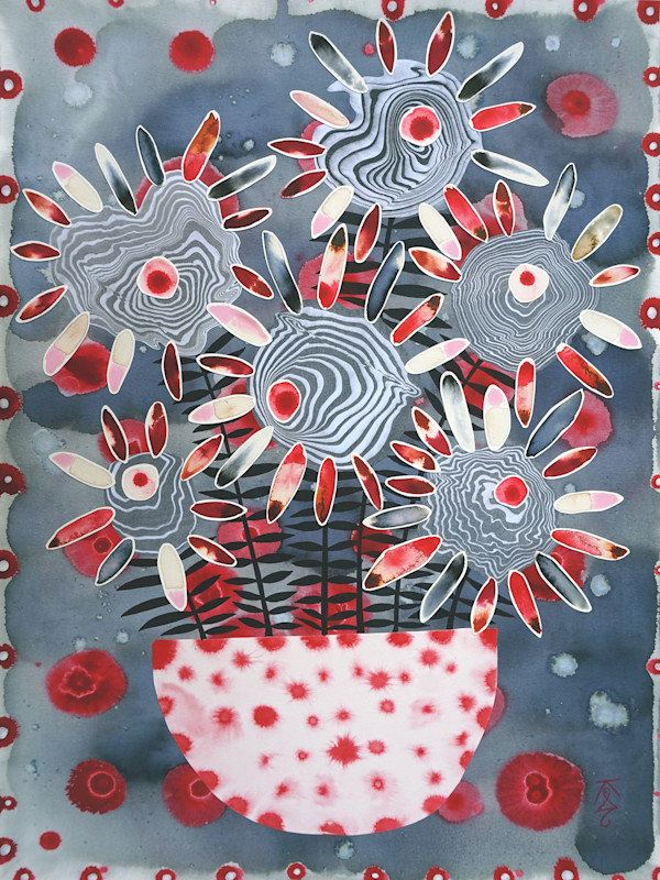 Flower Arrangement in Red Spotted glazed pot by Krisanne Souter