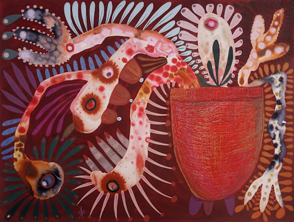 Plants in red iron oxide glazed pot by Krisanne Souter