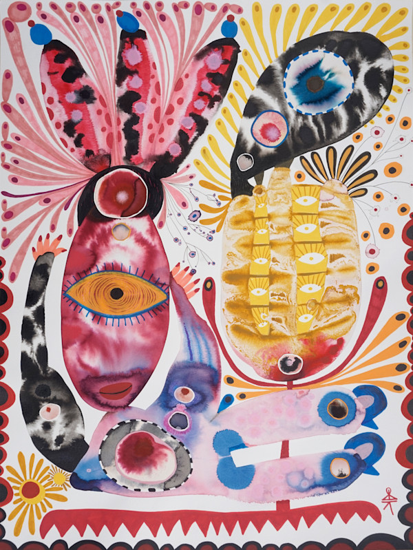 A lady and a pineapple rhizome wearing fancy hats by Krisanne Souter
