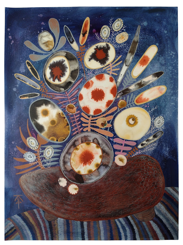 Flower Arrangement in Carved Wooden Bowl by Krisanne Souter