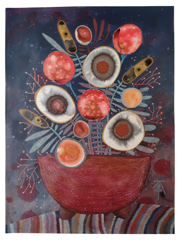 Flower Arrangement in Burnished Red Bowl by Krisanne Souter