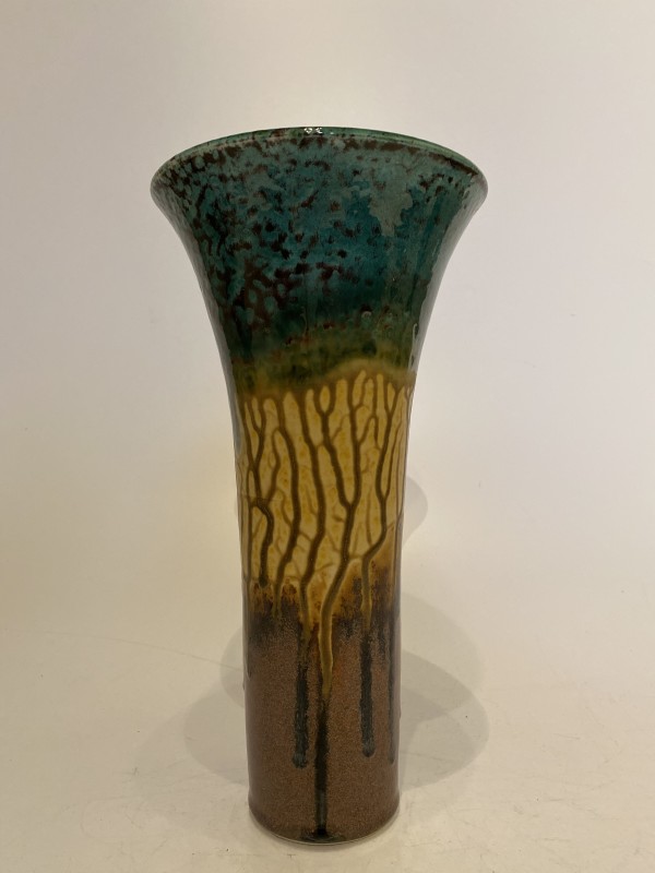 Brown, yellow, and teal ikebana vase
