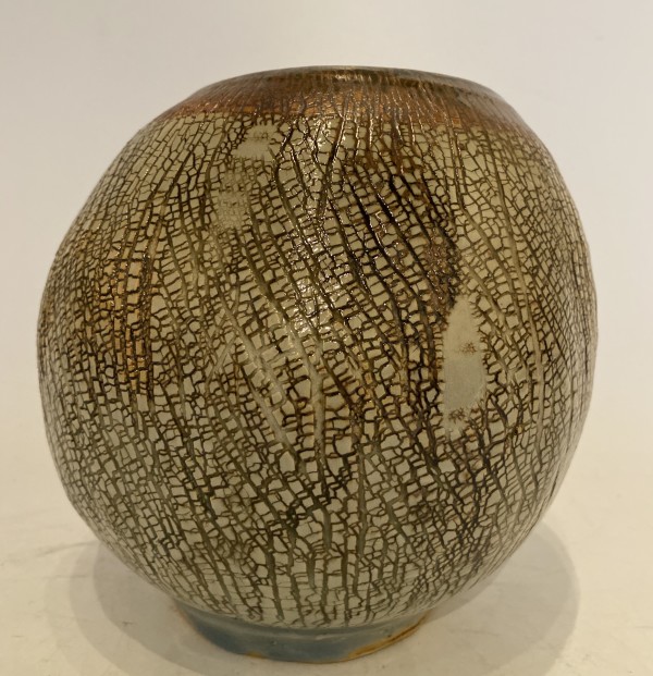 Brown and green globular ikebana vase by Jody Saito
