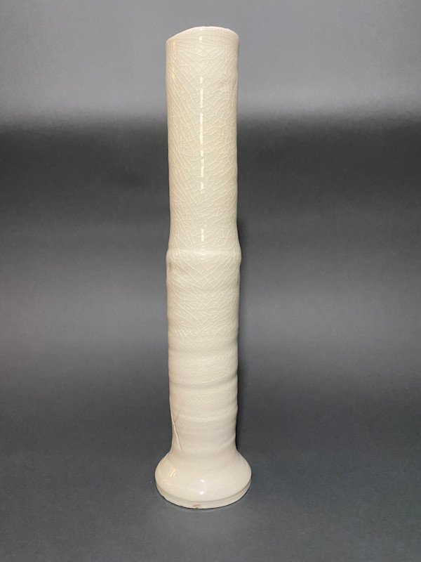 Tall tubular ceramic ikebana vase by Ryoji Koie