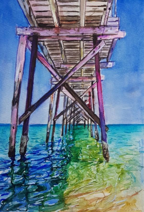 Under the Jetty in watercolor by Christine Davis