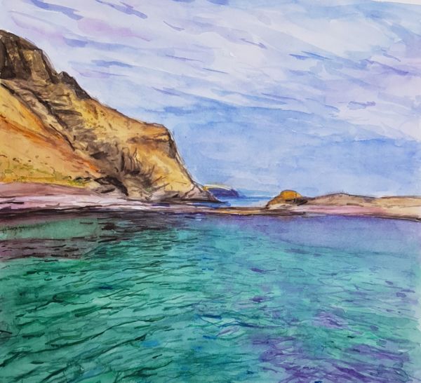 View from Second Valley Jetty in watercolor by Christine Davis