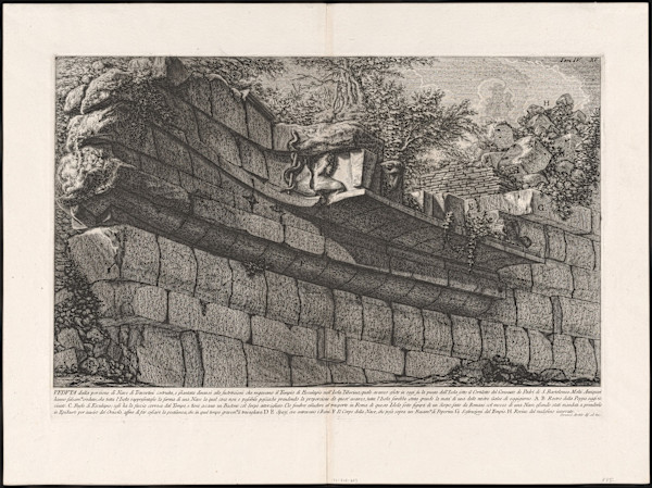 Veduta della porzione di Nave in Travertini [...] Tempio di Esculapio nell'Isola Tiberina (View of the travertine ship on the Timber Island) by Giovanni Battista Piranesi, Image 1.
