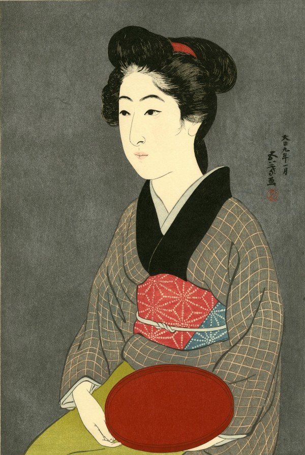 Waitress with a Red Tray (Portrait of Onao, a Maid at the Matsuyoshi Inn, Kyoto) by Hashiguchi Goyô