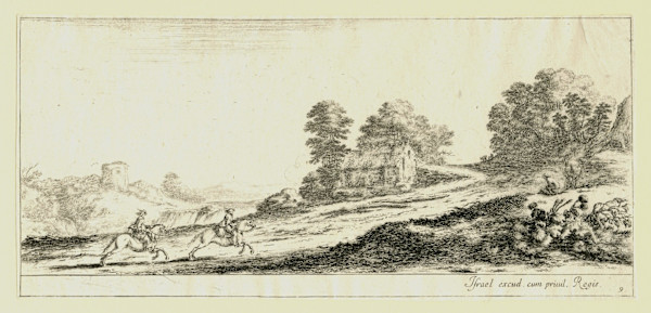 Plate 9: two horsemen at left galloping uphill towards the right, a horse and seated man to right by Stefano della Bella