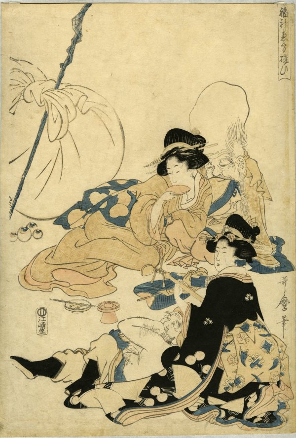 Japanese gods of fortune with female attendants by Kitawaga Utamaro