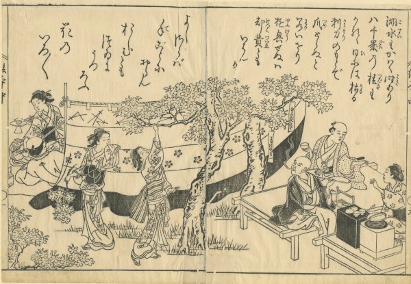 An outing in cherry blossom time - A girl at the left playing a shamisen by Harunobu