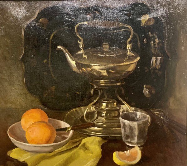 Still Life with fruit and coffee pot by Mortimer Wilson