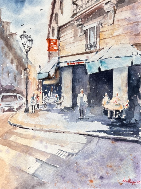 Street Side Sipping: A Watercolor of Parisian Summertime (N 409) by Irina Bakumenko BEEBLAGOART