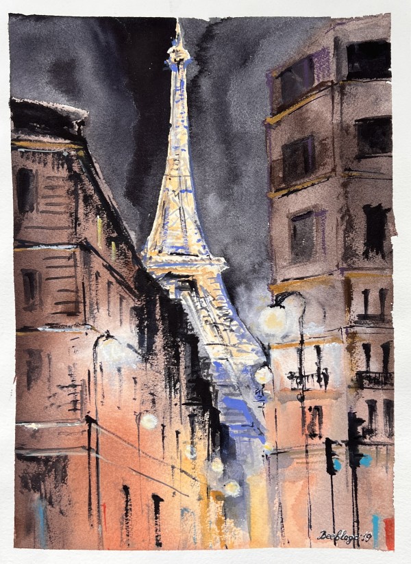 Paris by Night: A Watercolor of the Eiffel Tower ( # 410) by Irina Bakumenko BEEBLAGOART