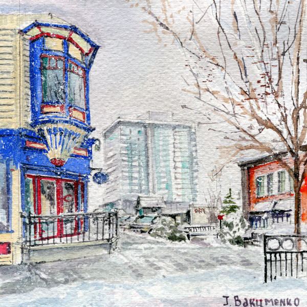 Snow day on Pandosy Street, Kelowna, 2023 by Irina Bakumenko BEEBLAGOART
