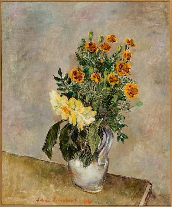 Still Life of Zinnias and Rosa Rugosas in Pitcher on Table Top by Simka Simkhovitch