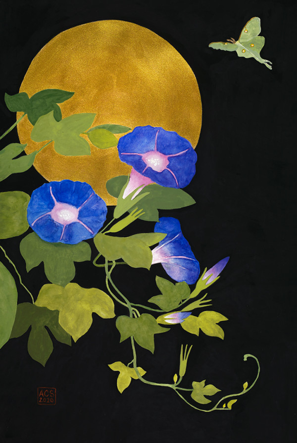 Morning Glories, Luna Moth and Full Moon