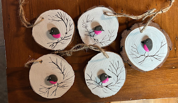 5 Pink Birds on Wooden Block by Lee Gray