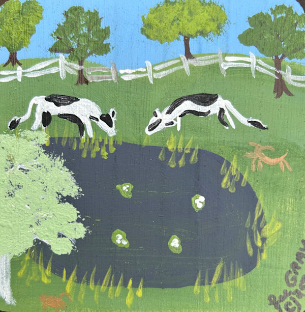 Two Cows Grazing - Wooden Coaster by Lee Gray