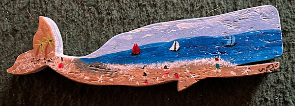 Medium size Wooden Whale - SeaSide Scene - Coconut Tree - 3 Sail Boats by Lee Gray