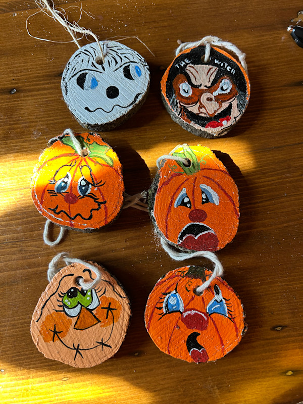 Small Wooden Ornaments - 4 - Pumpkins, 1 - Witch,1 - Ghosts, by Lee Gray