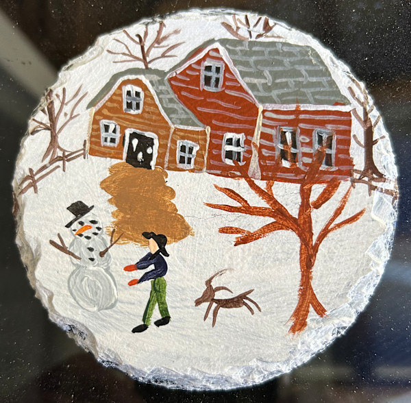 The Dog and The Snowmen - Slate Coaster by Lee Gray