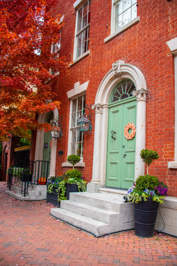 Green Door with Autumn Leaves - Alexandria, VA by Jenny Nordstrom