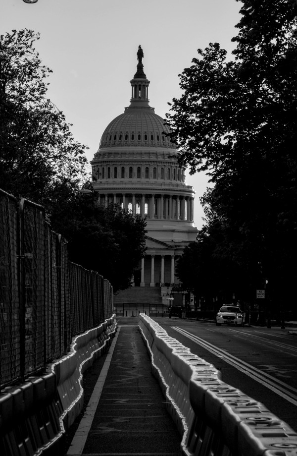 Capitol Building with Construction Barriers - Washington DC - Black and White by Jenny Nordstrom