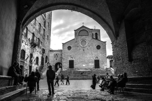 Village Elders in the Arch - San Gimignano, Italy - Black and White version by Jenny Nordstrom
