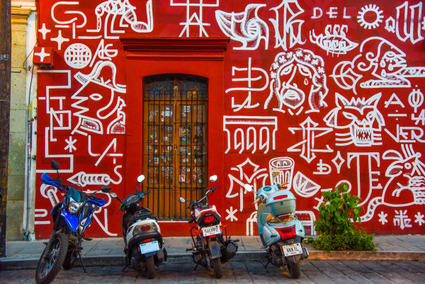Red Mural with Motorbikes - Oaxaca, Mexico by Jenny Nordstrom